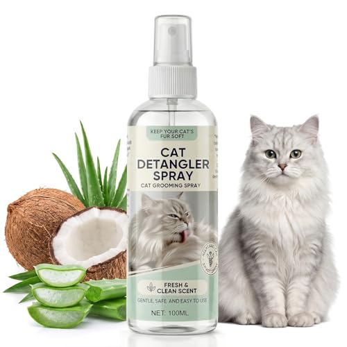 XUNIQ Cat Detangler Spray for Matted Hair - Gentle Cat Grooming Leave-in Spray with Aloe Vera & Coconut Oil - Loosens Knots Reduces Static & Enhances Shine - Fresh Scent 100ml