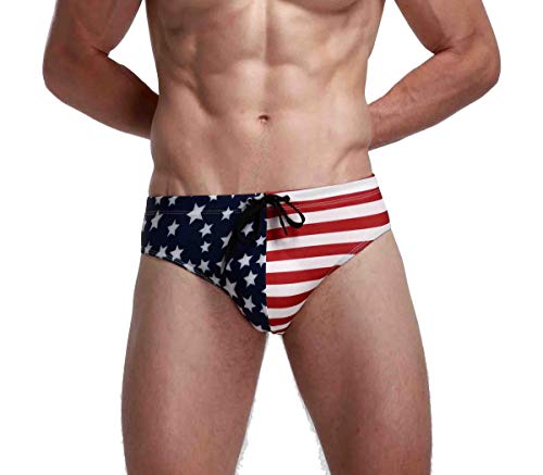 Mongous Mens USA Flag Stars Print Low Rise Swimwear Briefs Beach Swimsuit Blue