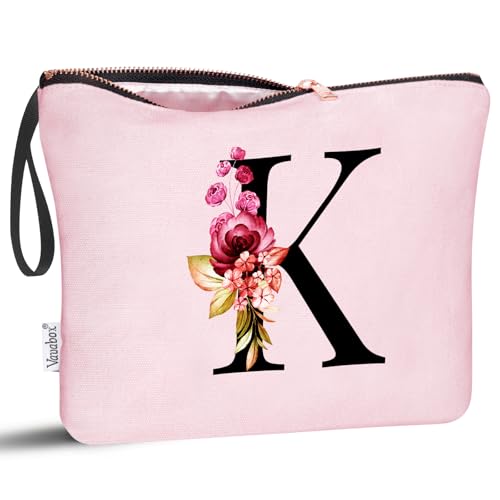 Image of Vavabox A-Z Personalized Makeup Bag, Birthday Gifts for Women Mom, Gifts for Best Friend, Bride Bridesmaid Cosmetic bag (K, 06-Pink)