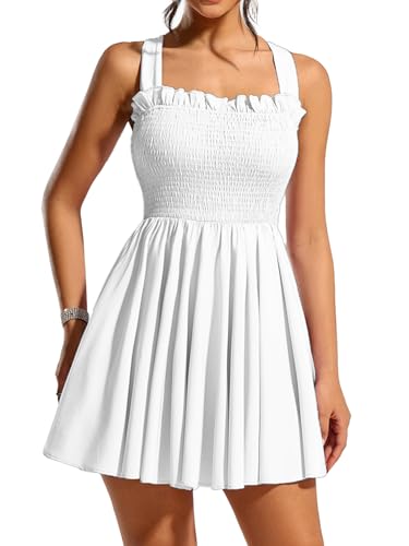 Women's Summer Sexy Wide Strap Cross Back Mini Gong Out Smocked Dress2