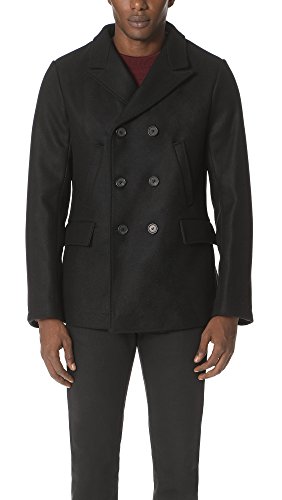 Billy Reid Men's Wool Double Breasted Bond Peacoat with Leather Details, Black, X-Large