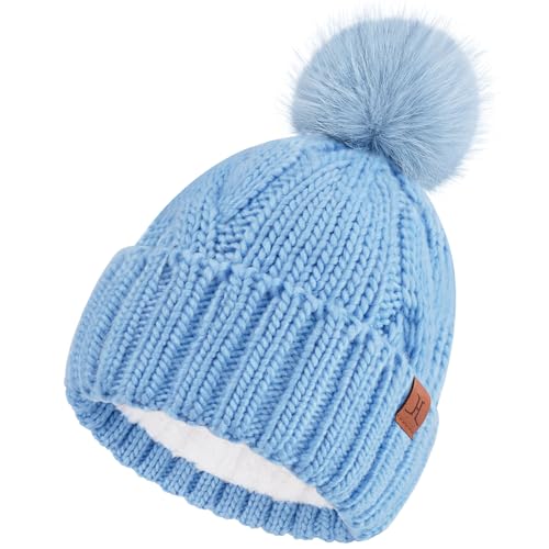 Winter Damen Mütze mit Bommel Zopfmuster Beanie Wintermütze Strickmütze Bommelmütze mit Fleece Gefütterte Frauen Geschenk, Hellblau