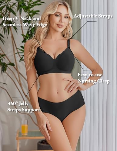 Ekouaer Nursing Bra Wavy Breastfeeding Bras for Women Seamless Maternity Support Wireless Pregnancy Sleep Bralette Black L3