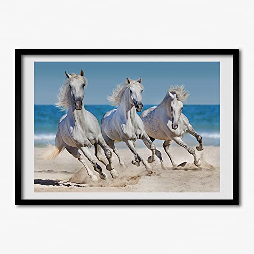 Cadre en bois Tulup 70x50 cm avec affiche de plage de chevaux blancs