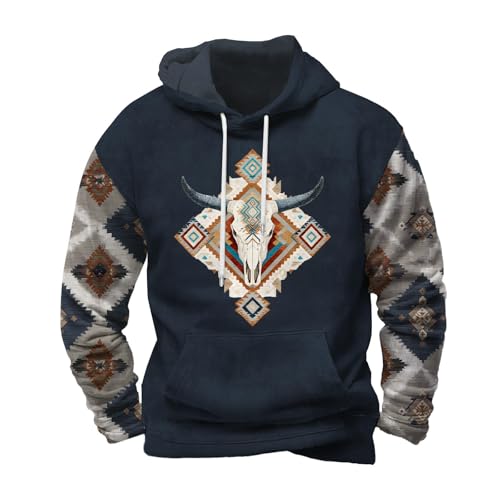 Mens Cowboy Hoodies Western Hooded Sweatshirts Casual Aztec Tribal Graphic Drawstring Pullover Hoodie with Pocket