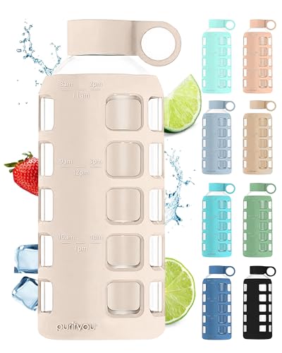 purifyou 40oz / 32oz / 22oz / 12oz Borosilicate Glass Water Bottle with Time & Volume Markers, Silicone Sleeve, Stainless Steel Lid | Reusable Glass Bottle for Water & Juice (22oz Pearled Ivory)