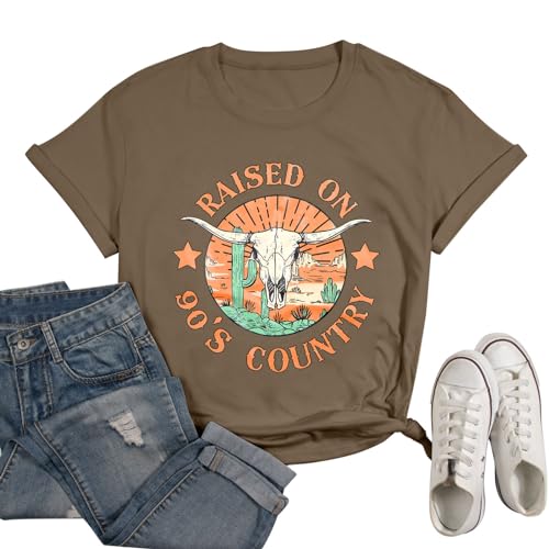 FLOYU Women Raised On 90's Country Shirt Country Music T-Shirt Western Music Tops Vintage Country Southern Clothes Brown