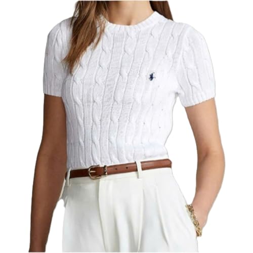 POLO RALPH LAUREN ポロラルフローレン レディース 半袖ニット ケーブルニット セーター ポニー刺繍 クルーネック コットン リブニット 211910987001 ホワイト S(US)サイズ(日本サイズ:Mサイズ)のサムネイル