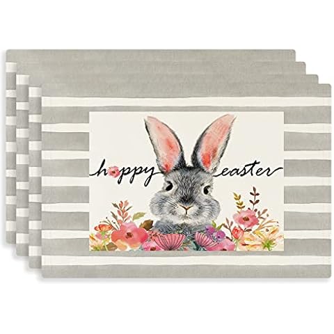 Happy Easter Bunny Placemats for Dining Table 12x18 Inch Flower Place Mats Set of 4 Holiday Decorations for Indoor Outdoor Party Washable Table Mat Cover