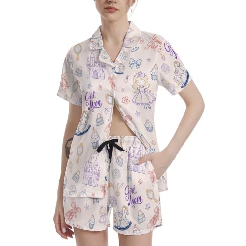 Image of Funny Pajamas for Women Set Print Satin Loungewear Pjs Short Sleeve Button Down Top and Shorts Sets Sleepwear XS-3XL