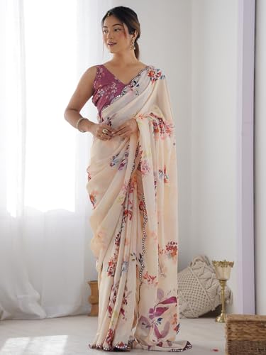 Image of Panzora Women's Chinon Printed Saree With Unstitched Blouse Piece