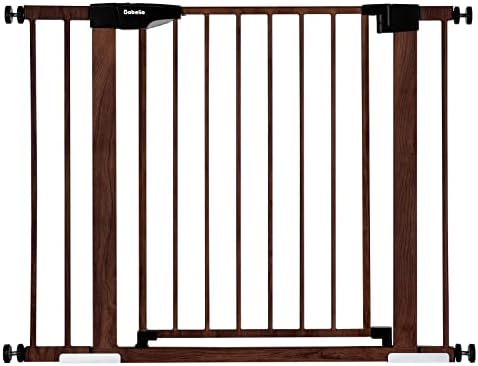 Mom's Choice Award Winner-BABELIO 29-40" Metal Baby Gate with Brown Wood Pattern, Easy Install Pressure Mounted Dog Gate, Ideal for Stairs and Doorways, with Wall Protectors and Extenders