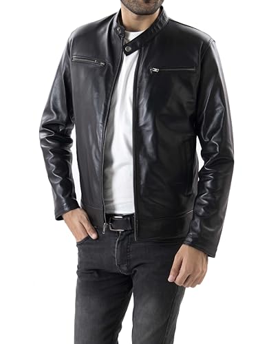 Image of Jild Classical Single Piece Lambskin Leather Jacket Men - Everyday Wear Snap Tab Collar Men's Motorcycle Leather Jacket