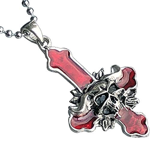 Inverted Upside down Gothic Red Cross Baphomet Lucifer Devil's Face Demon Skull Satanic Heavy Metal Punk Rock Biker Jewelry Pewter Men's Pendant Necklace Charm protection Amulet with Silver ball chain