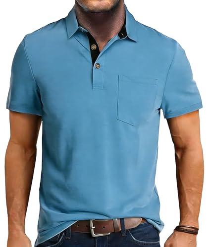 Polo para Hombre Casual de Seda con Manga Corta, Clásico, Estilo Empresarial, Cuello con Solapa, Bolsillo, Camiseta para Golf miniatura 1