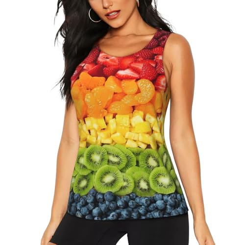 Damen-Workout-Tops mit Frucht-Regenbogen-Druck, Tank-Tops, Yoga-Shirts, ärmellos, Fitnesskleidung, Schwarz, Mittel