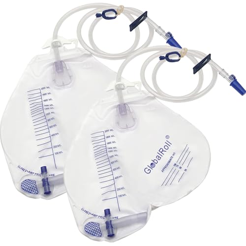 GlobalRoll Urinary Drainage Bag with Anti-Reflux Chamber Urine Bag with 2000 mL Volume 48 Drainage Tube Clips and Hanging Hook Professional Urinary Bag for Home and Hospitals Health Aids 2 Pack