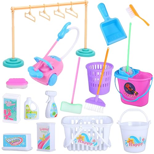 Mini Outils de Nettoyage pour Maison de Poupée Meubles Miniatures, 21 PCS Accessoires de Lutin Miniature Kit Menage Jouet avec Mini Séchoir à Linge,...
