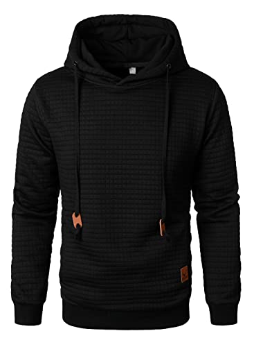 HOOD CREW Men’s Pullover Hooded Sweatshirts Plaid Jacquard Long Sleeve Drawstring Casual Hoodies Black