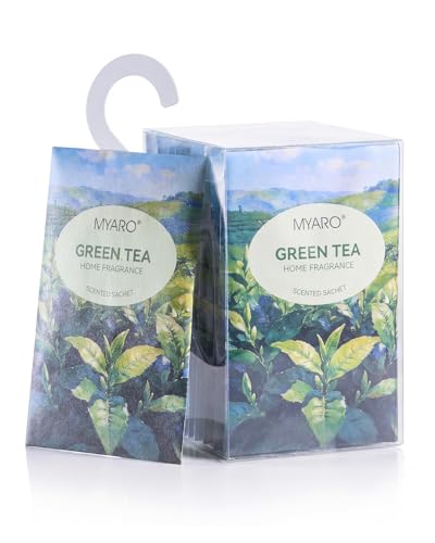 Image of MYARO 12Pcs Green Tea Sachets Hanging Car Air Freshener, Closet Deodorizer | Long-Lasting Sachet Bags, Odor Eliminator for Closet, Drawer, Bathroom, Clothes, Fabric Refresher, Home Fragrance Gift Set