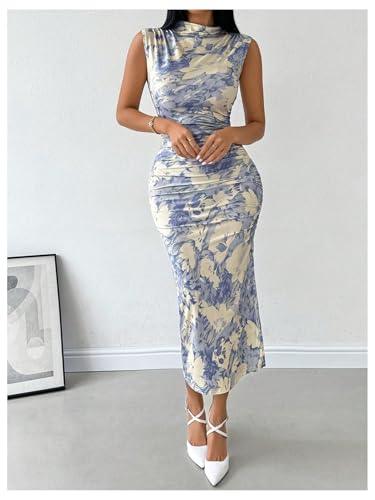 Milumia Women's Ruched Floral Sleeveless Bodycon Midi Dress Mock Neck Slit Thigh Dresses2