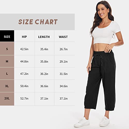 Tba Women's Casual Pants Summer Wide Leg Capris Drawstring Elastic High Waist Cotton Cropped Trousers With Pockets Black #TOP6