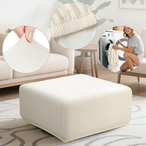 Image of YISUN Super Stretch Square Ottoman Cover - Soft Form Fit Ottoman Slipcover for Foot Stool & Folding Storage, Washable Furniture Protector with Non-Slip Elastic Bottom (M, Beige)