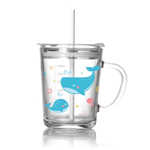 Image of Cute Cartoon Glass Tumbler with Lid and Straw - 400ml, Set of 1, Glass Coffee Mug with Handle, Reusable Drinking Cup for Iced Coffee, Milk, Juice, Tea, Home Office Gifts (Random Design Mug)
