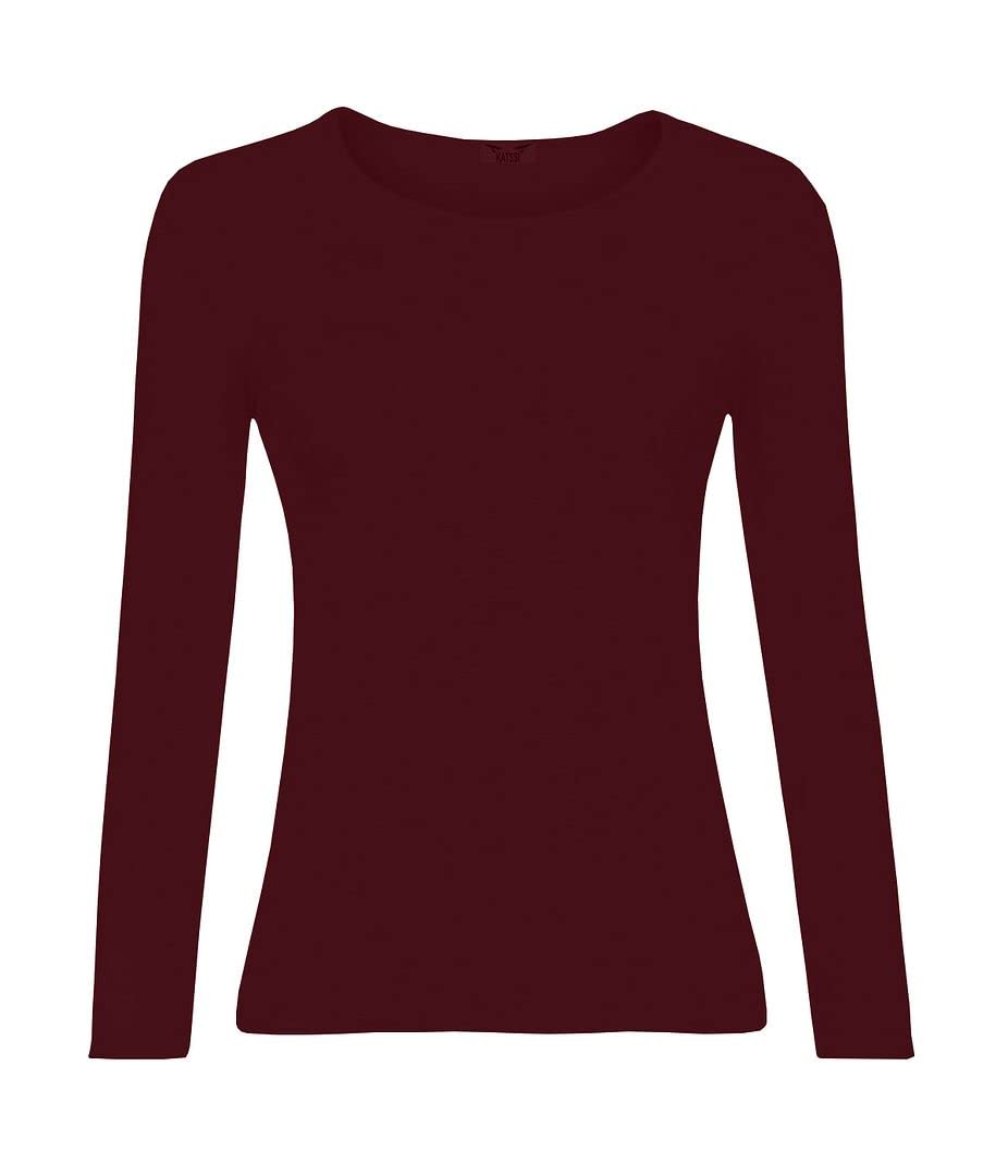 KATSSI Women’s Ladies Long Sleeve Stretch Plain Round Scoop Neck T Shirt Top SM Wine