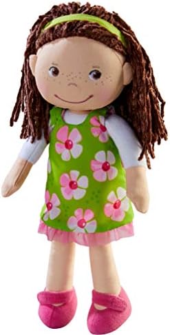 HABA Coco 12" Soft Doll with Brown Hair, Embroidered Face, Removable Green Dress and Matching Headband - Machine Washable for Ages 18 Months +