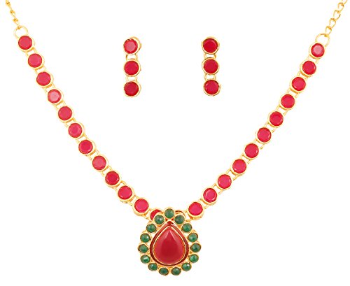 Touchstone Contemporary Kundan Collection Indian Bollywood Studded Pretty red/Lipstick red Faux Ruby and Green Faux Emerald Bridal Designer Jewelry Detachable Necklace Set for Women in Gold Tone