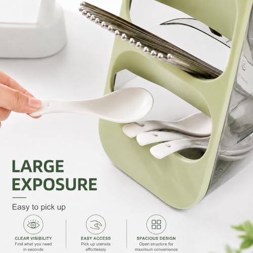 Image of KitchAntique Kitchen Utensil Holder with Drain Tray & Dustproof Cover | 3 Compartment Cutlery Organizer | Self Draining Countertop Storage Rack for Spoons Forks Chopsticks Kitchen Accessories (Green)