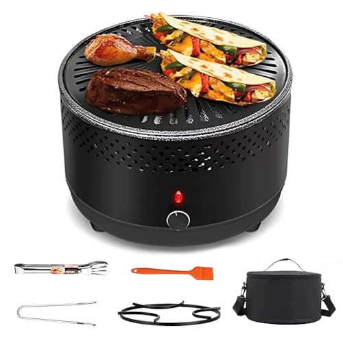 Vexorium Mini Barbecue a Carbone Senza Fumo – Griglia Portatile da Tavolo con Ventola Elettrica, Controllo Temperatura e Piastra Antiaderente per Balcone e Campeggio