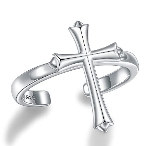Wendao 925-Sterling-Silver Faith Love Cross Ring - Hope Heart Wrap Open Adjustable Rings Inspirational Jewelry White Gold Gift For Women Teen Girls (Vertical Cross Ring) #TOP9
