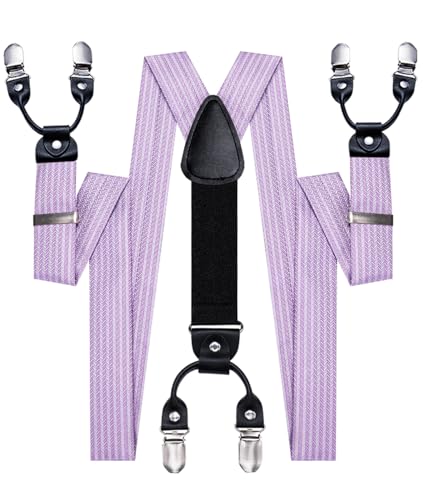 Image of Hi-Tie Men's Suspenders and Tie Set Silk Adjustable Elastic Y Braces with Strong 6 Clips Pocket Square Set