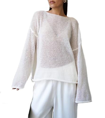 Image of Sweters for Women, Womens Sweater, O-Neck Solid Color See Through Pullover Jumper Shirt Beach