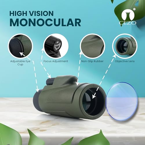 Image of Cezo 12x50 Monocular for Adults Kids,HD Monocular Scope for Gifts Monocular Telescope for Smartphone Watching Birds Hiking,Concert,Travelling- Green