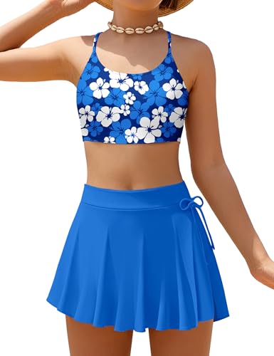 Girls Swimsuit Tropical Floral Bikini + Side Slit Pleated Skirt with Shorts 2 Piece Bathing Suit Girls Swimwear 7-14Y