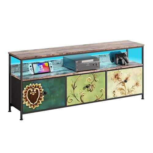 Luminarix Commode à 3 tiroirs et étagère, buffet vintage avec tiroirs en tissu, structure en métal, plateau en bois, meuble TV pour salon, chambre à...