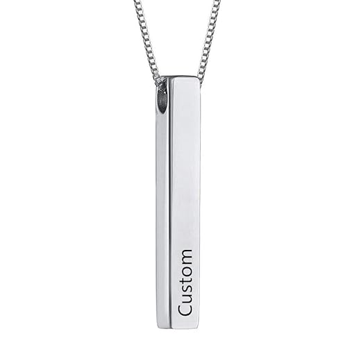 Ouslier 925 Sterling Silver Personalized 4 Sided Vertical 3D Bar Necklace Custom Made Name Text Engraved (925 Sterling Silver)
