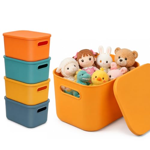 4 Pcs Colorful Plastic Storage Boxes with Lids – Stackable Organizer Bins for Shelves, Storage Baskets with Handle for Kitchen, Cupboard, Office, Bathroom, Toy, Home Tidy, Durable & Space-Saving