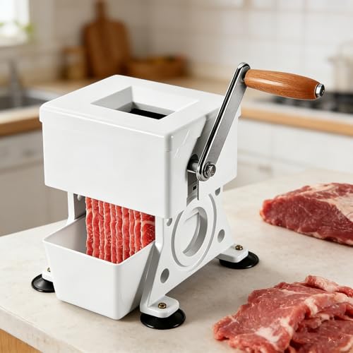 Cortadora manual de carne, rebanadora para uso doméstico y comercial, grosor ajustable de 1,5 a 10 mm, hoja desmontable, incluye caja de recepción para una fácil limpieza