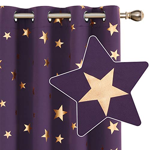 Deconovo Lot de 2 Rideaux Occultants à Oeillets et Etoiles Dorés Désign Moderne Rideaux Isolant Thermique Anti Froid pour Salon Enfant 117x138 cm Violet Foncé
