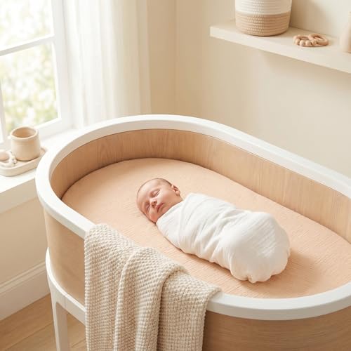 Image of 100% Muslin Baby Bassinet Sheets for Baby Boy Girls,4-Pack Fitted Bassinet Sheets Set Compatible with Halo Bassinest Swivel Sleeper,Baby Delight,Angelbliss,32 inchX16 inch (Beige Solid Color Series)