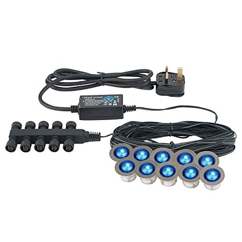Pack of 10 x Saxby Ikon 30mm Round Polished Stainless Steel Bathroom IP67 Outdoor Recessed Garden Decking Blue LED Light Kit