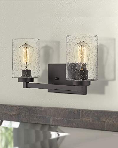 Image of Beionxii 2 Light Bathroom Vanity Lights, Vintage Wall Sconce Oil Rubbed Bronze with Clear Seeded Glass 16 inch W x 8.75 inch H - MB9002-2