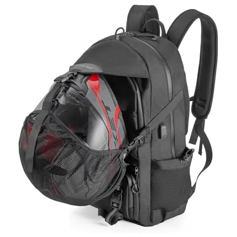Oumurs Motorcycle Helmet Backpack 50L, Black Water-Resistant 1680D Oxford Fabric, Expandable, Motorbike Helmet Bag, Reflective, Helmet Strap, USB, Large Capacity, Long Distance Travel Backpack Cover