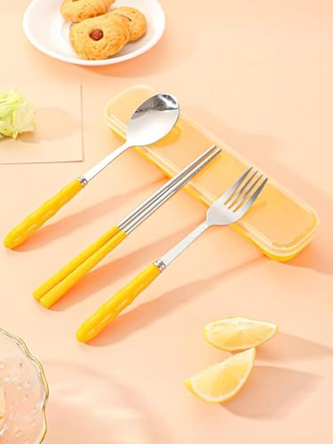 Image of Favria 3 Piece Stainless Steel Spoon,Fork and Chopstick Portable Travel Spoon Box Anti Slip Cutlery Set for Office Lunch Box,Travel, School,Picnics,Camping and Outdoor Home Utensil Set (Yellow)