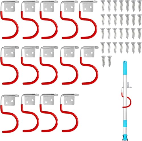 15 Stück Gerätehalter Rote Haken, Besenhalter Gerätehalter,Gartengerätehalter Metallhaken,mit 30 Stück Schrauben,Gartengerätehalter für Garagen Ordnungssysteme