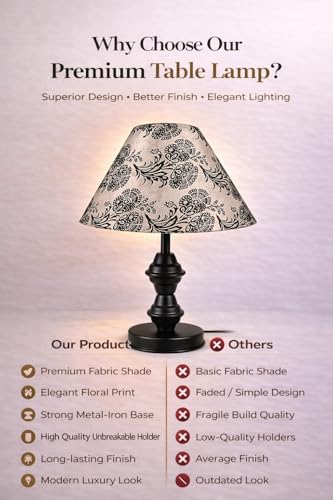 Image of Modern Table Lamp with Midnight Paisley Bloom Satin Shade | Metal Iron Base Decorative lamp for Living Room| Decorative Lighting for Living Room, Study & Home Decor, Designer Table Lamp for Gifting